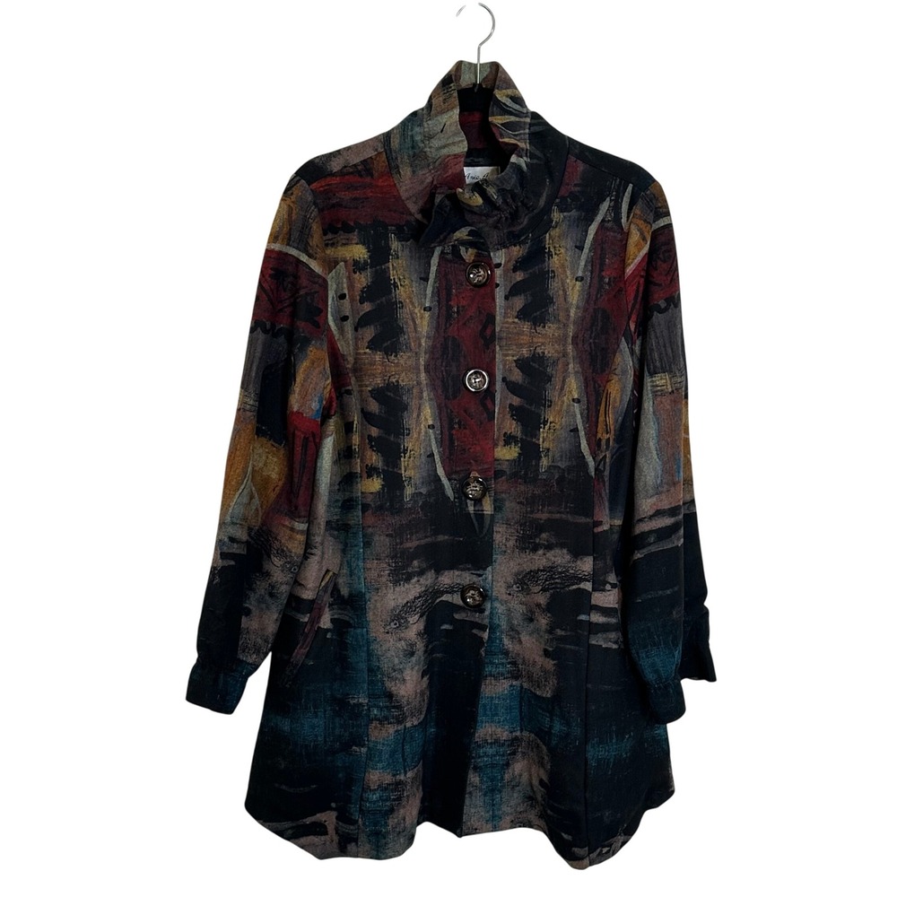 Anis. A Topper Jacket Size XL Multicolor Ruffle Stand Up Collar Pockets Artsy